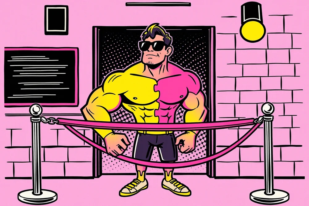 A jigsaw-piece bouncer guarding a velvet rope